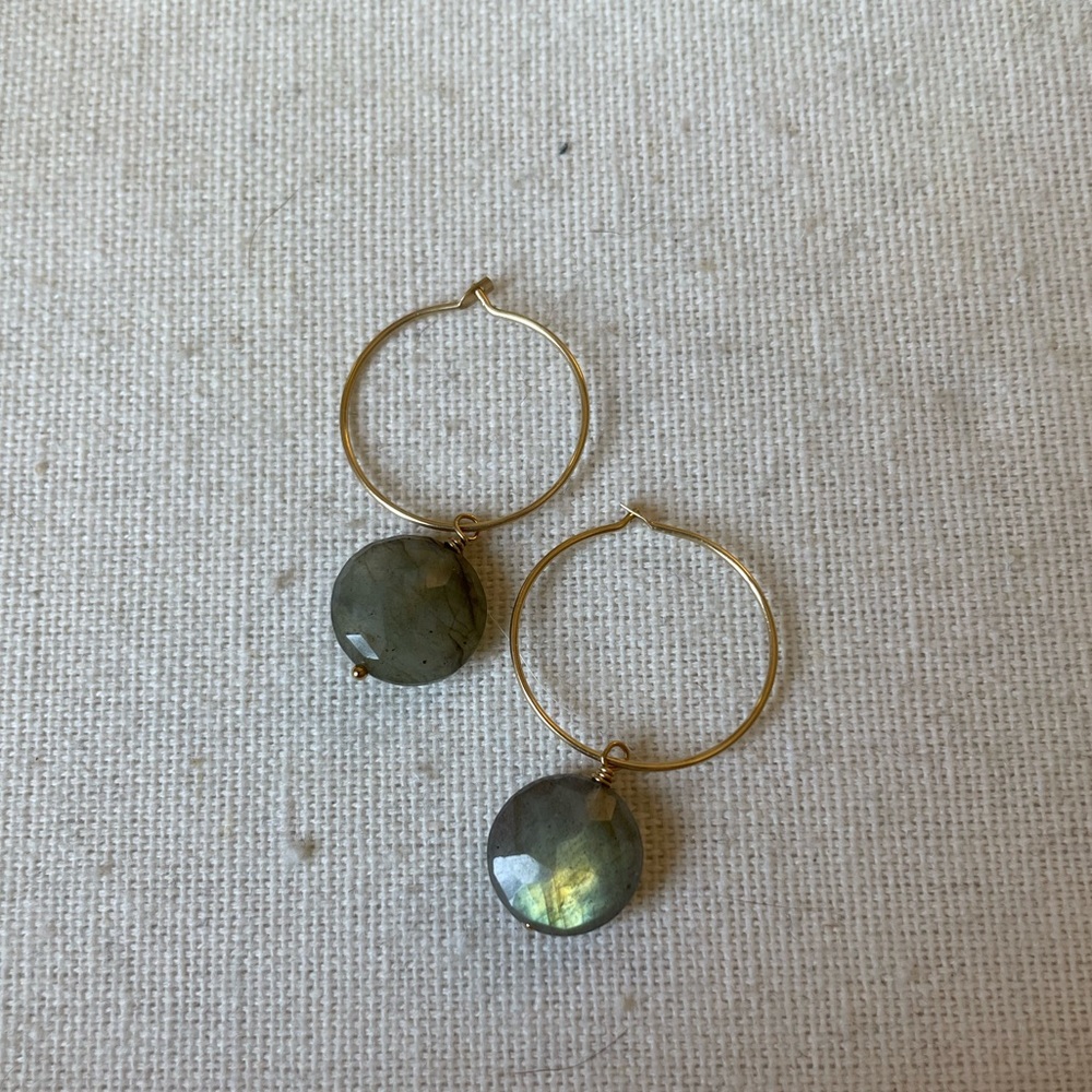 Handmade Labradorite Hoop Earrings 14k gf. Everyday earrings, shower safe!